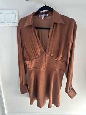 Women's Brown Satin Long-Sleeve V-Neck Corset Dress